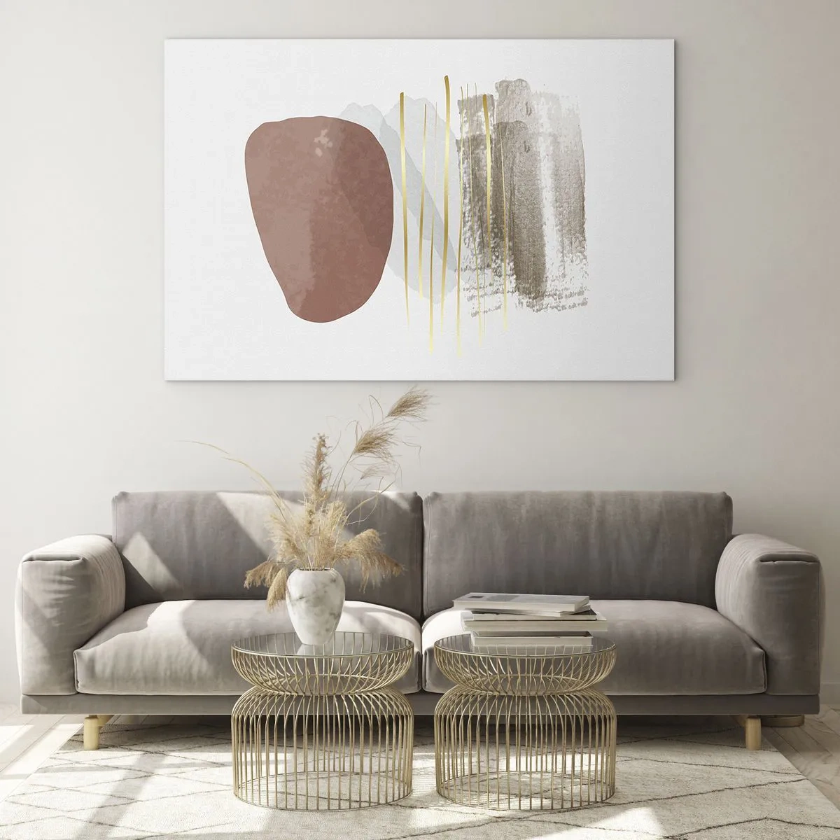 Obraz na skle - Minimalistická abstrakce s béžovými a hnědými tvary - 70x50cm - Abstraktní kolonáda - Moderní nástěnná dekorace do obývacího pokoje a ložnice ARTTOR