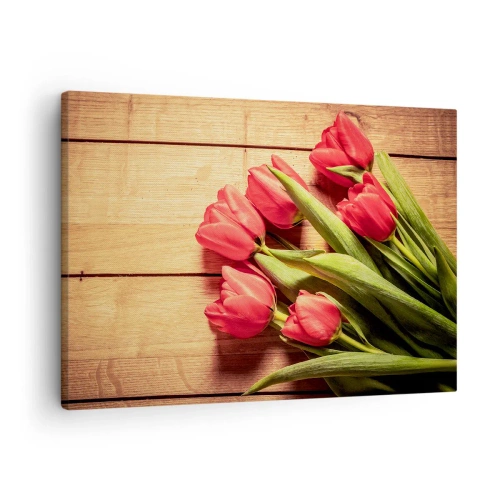 Obraz na plátně - Kytice růžových tulipánů na dřevěném pozadí - 70x50cm - Jarní vyznání - Moderní nástěnná dekorace do obývacího pokoje a ložnice ARTTOR