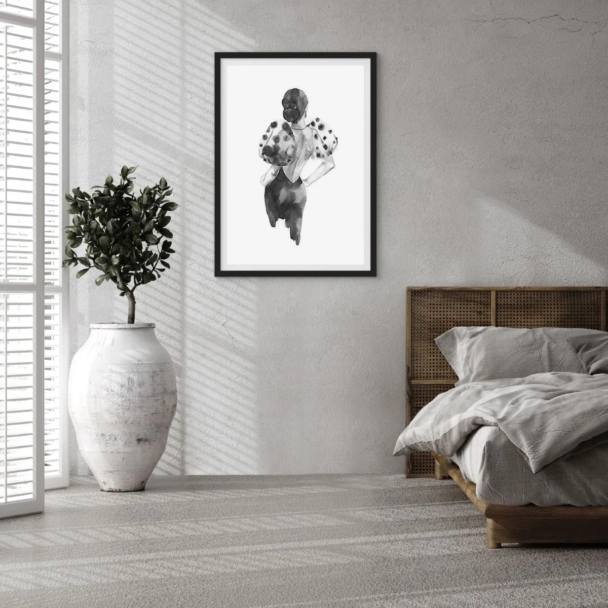 Plakát v černém rámu - Stylová silueta ženy v černém s elegantním akcentem - 50x70cm - Prošla kolem - Moderní nástěnná dekorace do obývacího pokoje a ložnice ARTTOR
