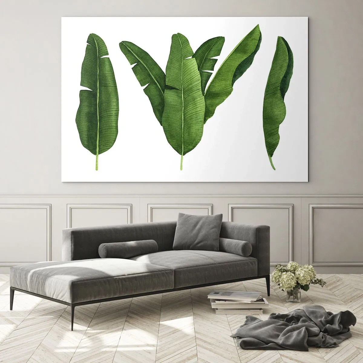 Obraz na skle - Čtyři zelené banánové listy na bílém pozadí - 70x50cm - Zelená symetrie - Moderní nástěnná dekorace do obývacího pokoje a ložnice ARTTOR