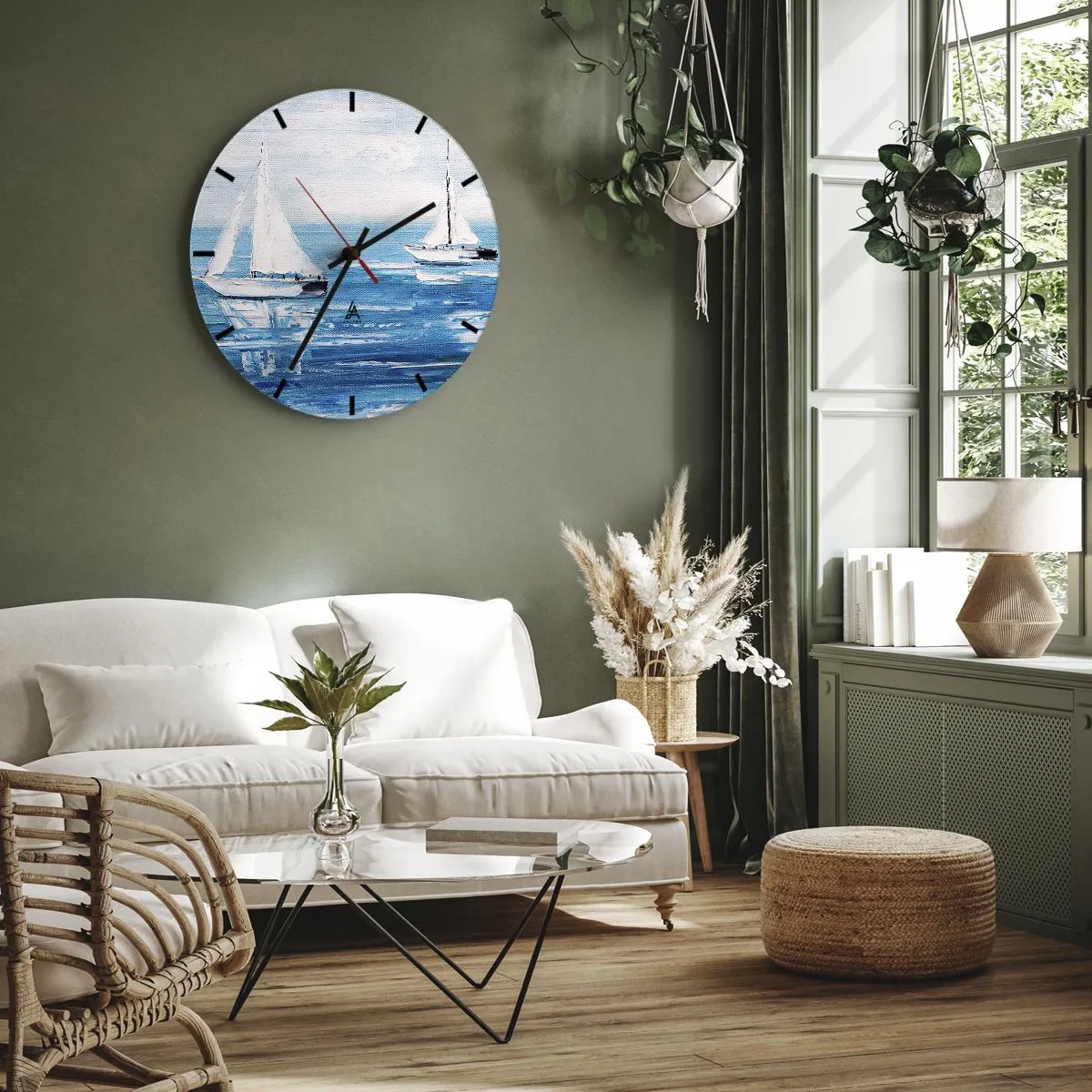 Nástěnné hodiny - Bílé plachetnice na modrém moři v malířském stylu - 30x30cm - S přítelem po boku - Moderní nástěnná dekorace do obývacího pokoje, kuchyně a ložnice ARTTOR