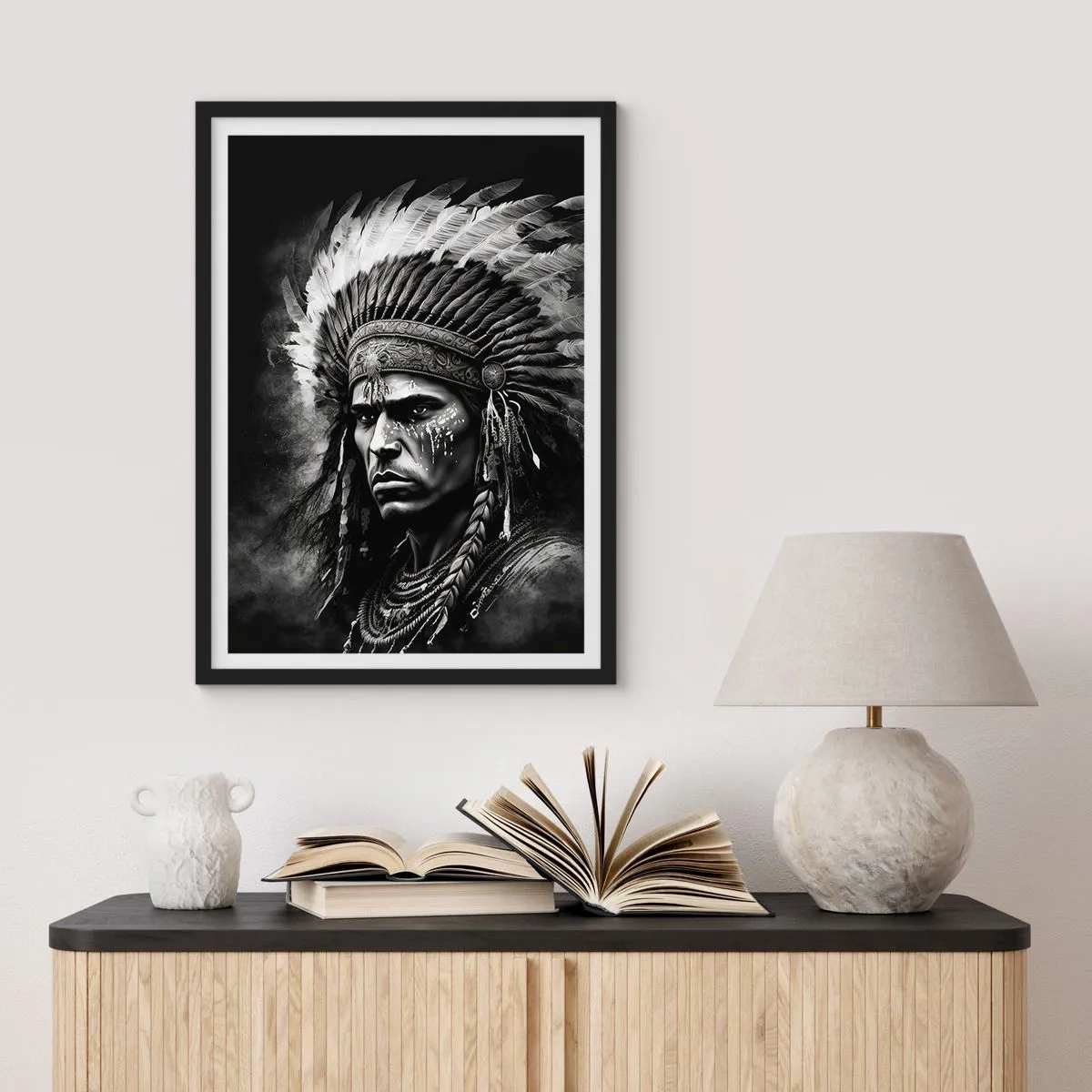 Plakát v černém rámu - Portrét bojovníka v tradiční péřové čelence - 50x70cm - Vůdce a bojovník - Moderní nástěnná dekorace do obývacího pokoje a ložnice ARTTOR