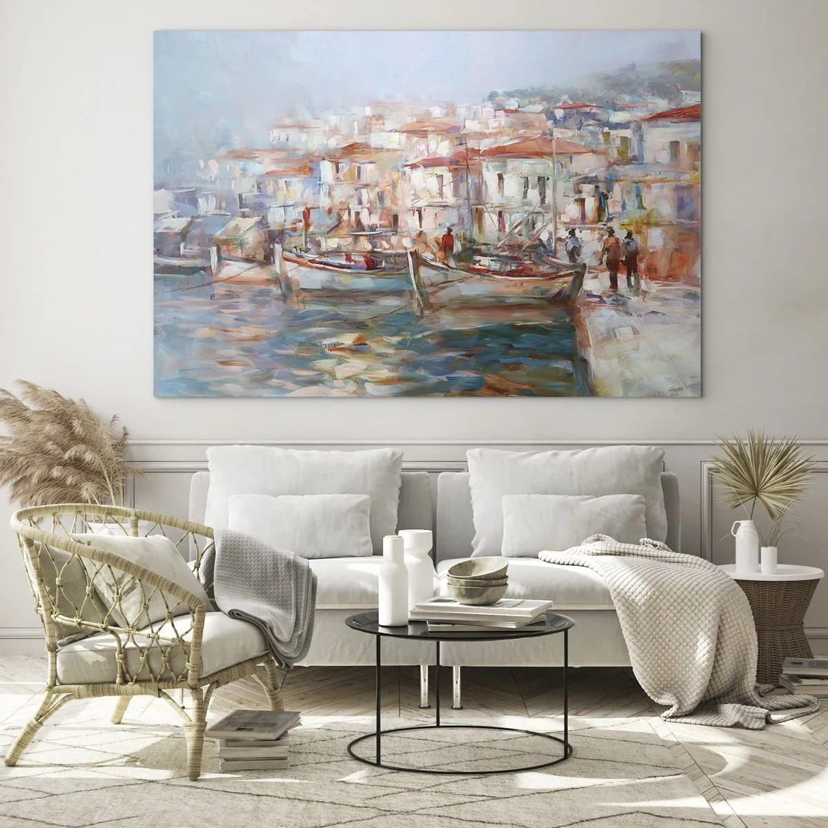 Obraz na skle - Malebný přístav s loděmi v pastelových barvách - 70x50cm - Pastelová dovolená - Moderní nástěnná dekorace do obývacího pokoje a ložnice ARTTOR