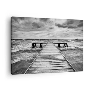 Obraz na plátně - Černobílý pohled na dřevěné molo nad rozbouřeným mořem. - 70x50cm - Čekám na vítr, co rozfouká… - Moderní nástěnná dekorace do obývacího pokoje a ložnice ARTTOR