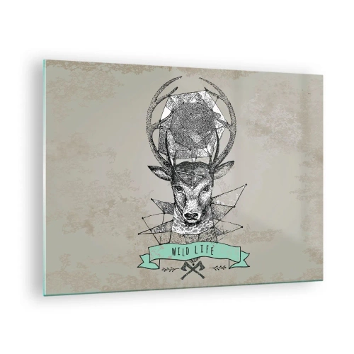Obraz na skle - Geometrická kresba jelena s nápisem Wild Life - 70x50cm - Vidění sv. Huberta - Moderní nástěnná dekorace do obývacího pokoje a ložnice ARTTOR