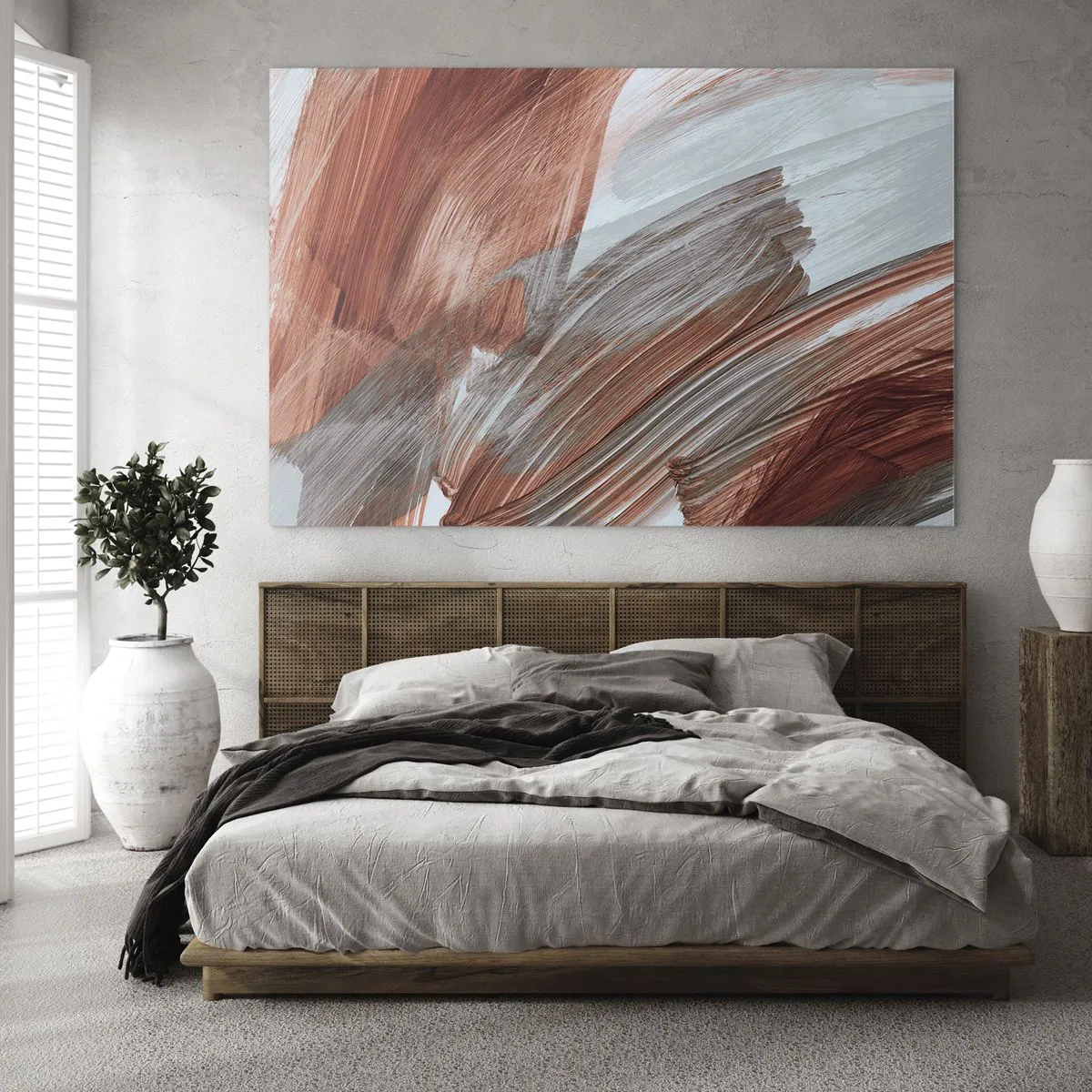Obraz na skle - Dynamické tahy štětcem v teplých podzimních barvách a chladných odstínech modré. - 70x50cm - Podzimní větrná abstrakce - Moderní nástěnná dekorace do obývacího pokoje a ložnice ARTTOR