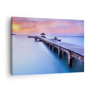 Obraz na plátně - Dřevěné molo vedoucí na vodu při západu slunce - 70x50cm - Moře klidu až po horizont - Moderní nástěnná dekorace do obývacího pokoje a ložnice ARTTOR