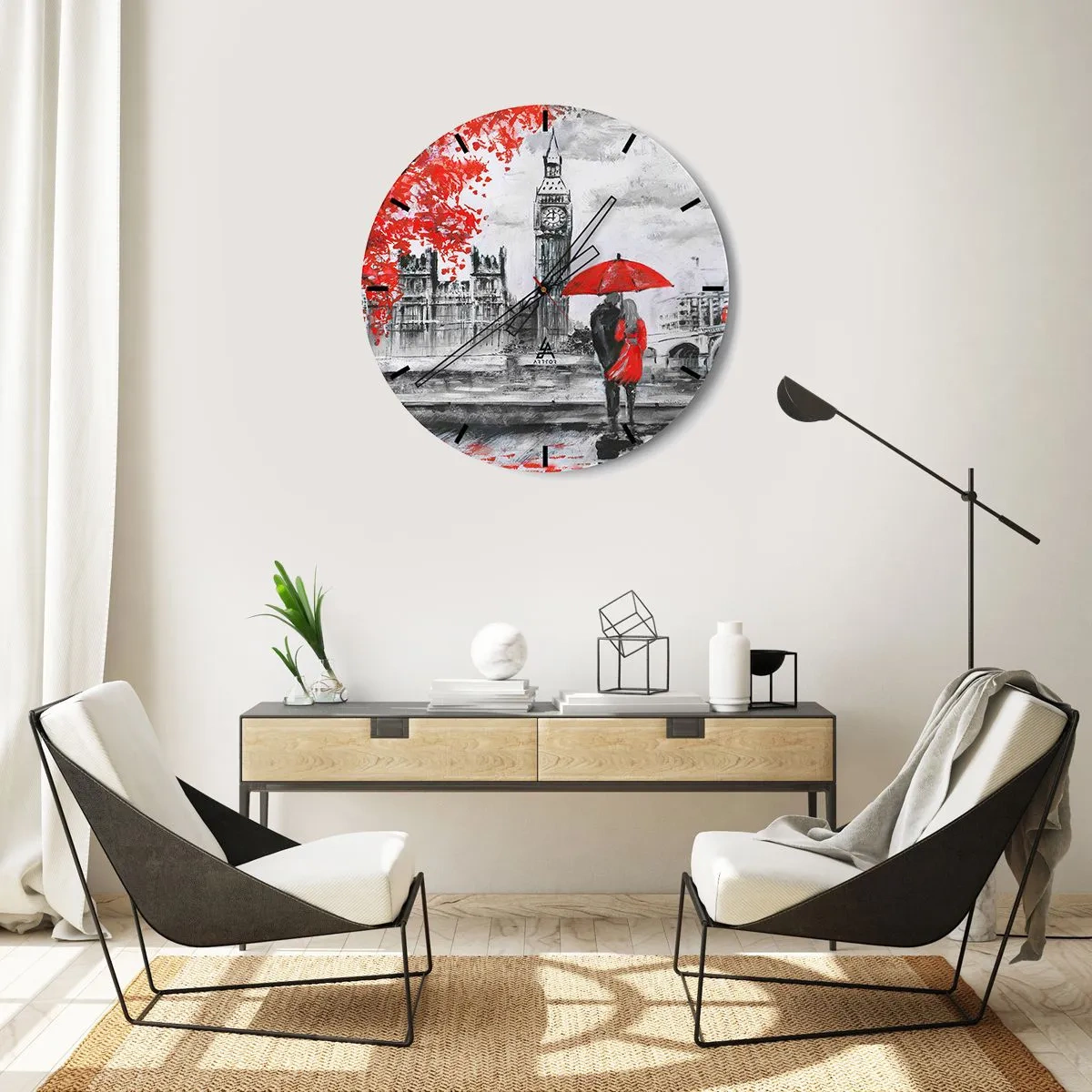 Nástěnné hodiny - Pár pod červeným deštníkem s Big Benem a budovou Parlamentu v pozadí. - 30x30cm - Zamilování do Londýna - Moderní nástěnná dekorace do obývacího pokoje, kuchyně a ložnice ARTTOR