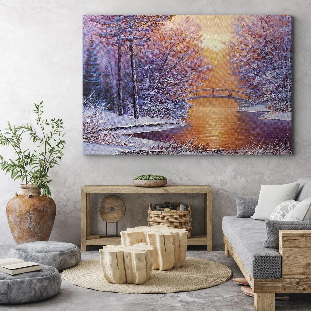 Obraz na plátně - Zimní krajina s mostem a západem slunce - 70x50cm - Sejdeme se zde - Moderní nástěnná dekorace do obývacího pokoje a ložnice ARTTOR