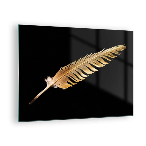 Obraz na skle - Zlaté pírko na černém pozadí v minimalistickém stylu - 70x50cm - Krásne peříčko… - Moderní nástěnná dekorace do obývacího pokoje a ložnice ARTTOR