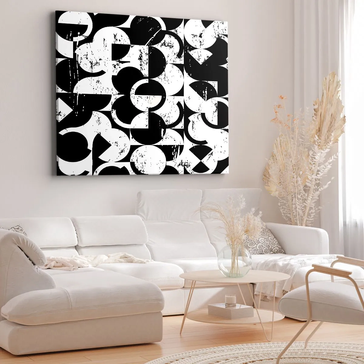 Obraz na plátně - Abstraktní černobílý geometrický vzor s vintage efektem - 70x50cm - Bílé je bílé a černé černé - Moderní nástěnná dekorace do obývacího pokoje a ložnice ARTTOR