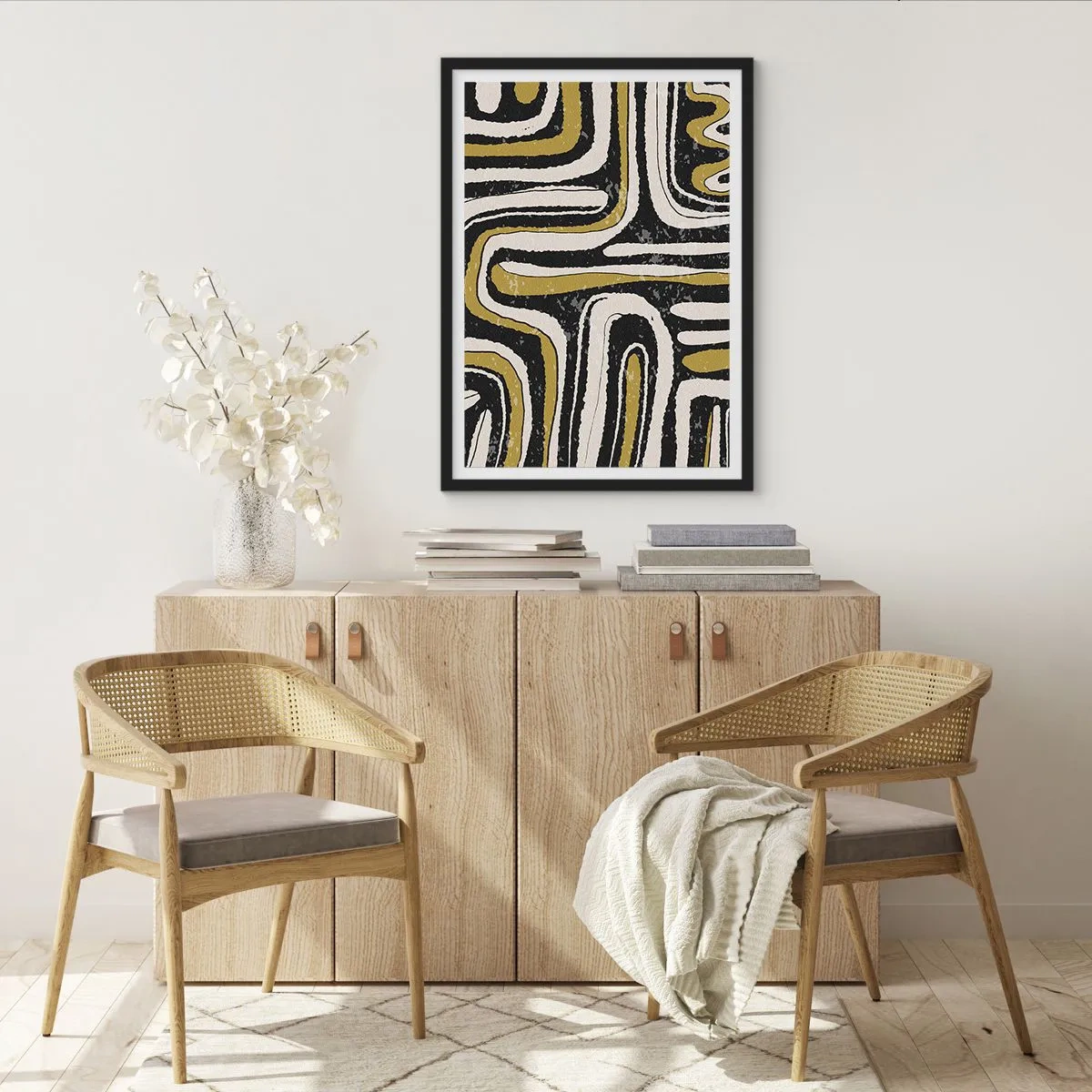 Plakát v černém rámu - Geometrická abstrakce v černé, béžové a zlaté barvě - 50x70cm - Kompozice: trakty a uličky - Moderní nástěnná dekorace do obývacího pokoje a ložnice ARTTOR