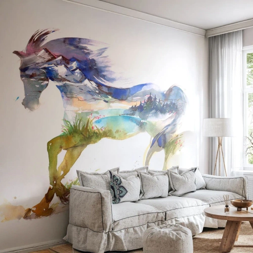 Fototapeta Samolepicí Deluxe Sticker - Z louky přímo do nebe - Kůň, Abstrakce, Krajina - 150x105 cm