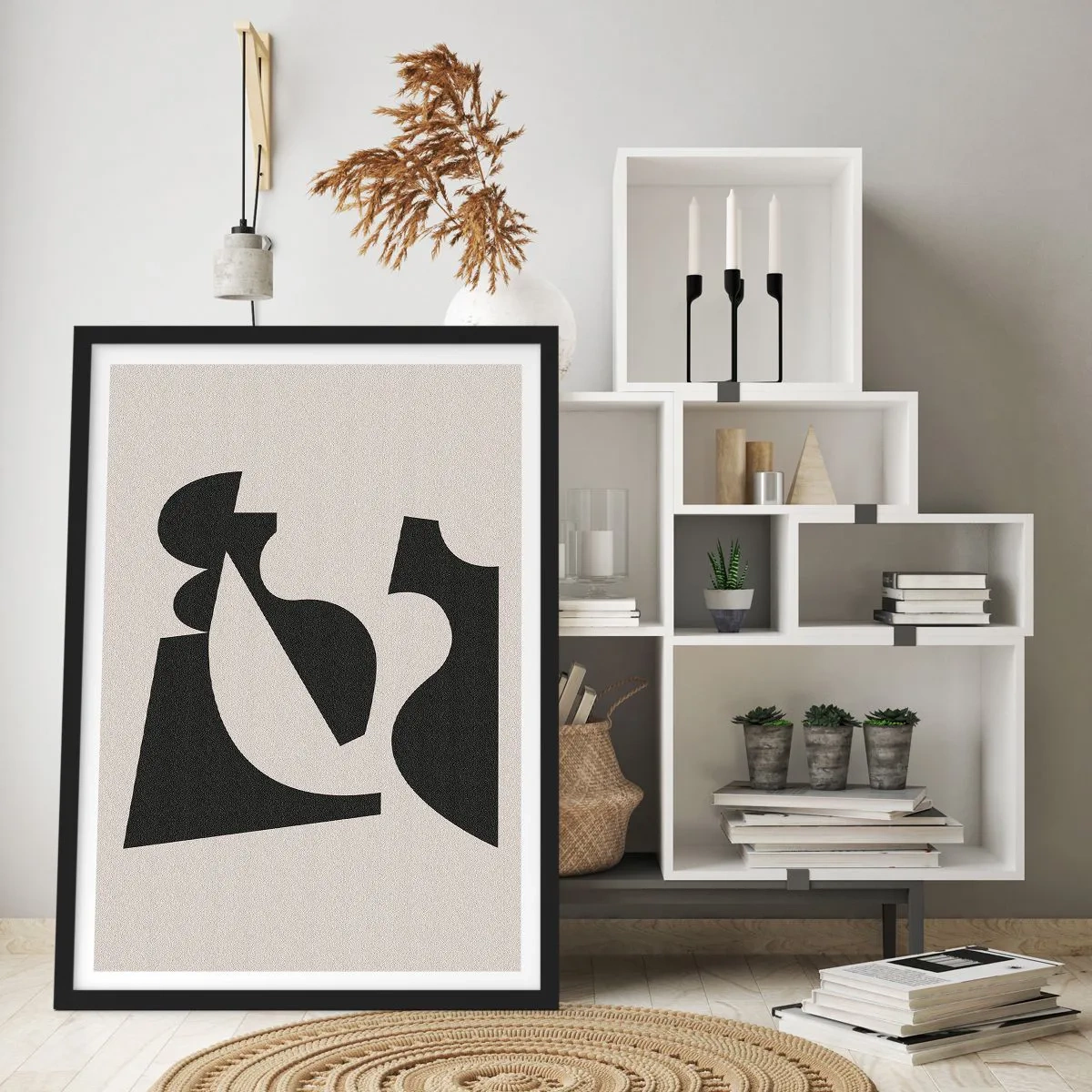 Plakát v černém rámu - Abstraktní geometrické kompozice v černé a béžové barvě - 50x70cm - K samostatnému ukládání - Moderní nástěnná dekorace do obývacího pokoje a ložnice ARTTOR
