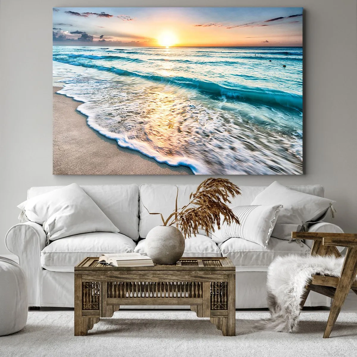 Obraz na plátně - Východ slunce nad klidnou pláží s vlnami - 70x50cm - Výhled, který stojí za to - Moderní nástěnná dekorace do obývacího pokoje a ložnice ARTTOR