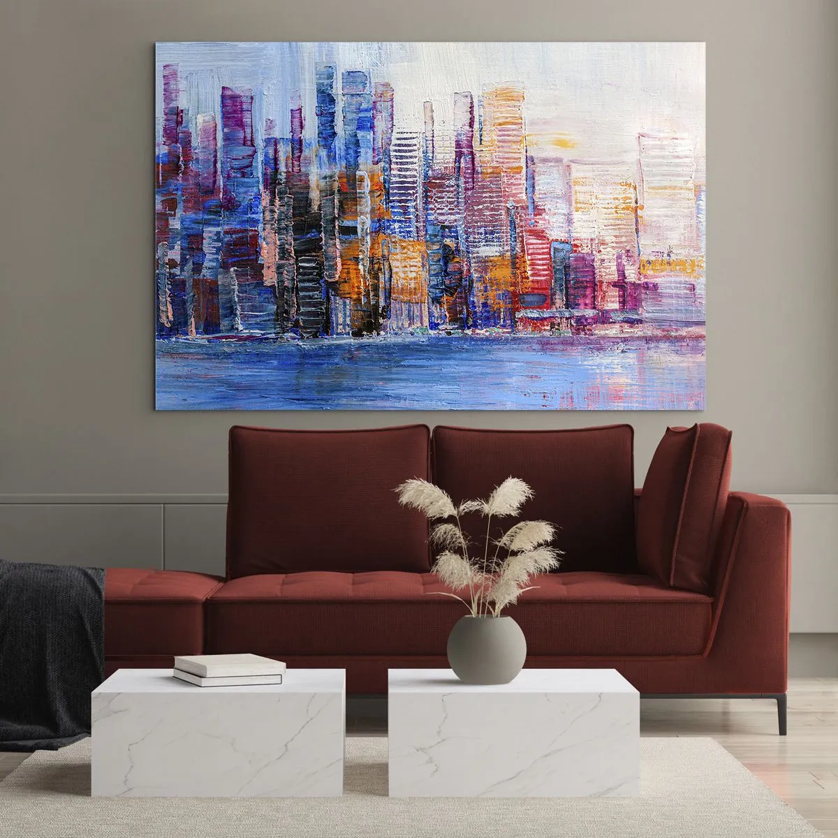 Obraz na skle - Barevné panorama města namalované tahy štětcem - 70x50cm - Radostná metropole - Moderní nástěnná dekorace do obývacího pokoje a ložnice ARTTOR