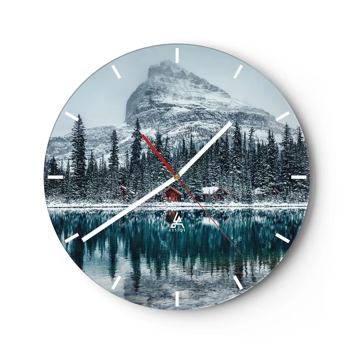 Nástěnné hodiny - Zimní krajina s jezerem, lesem a horou v pozadí - 30x30cm - Kanadské útočiště - Moderní nástěnná dekorace do obývacího pokoje, kuchyně a ložnice ARTTOR