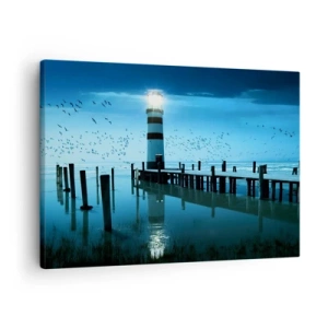 Obraz na plátně - Maják na molu osvětlený v noci - 70x50cm - A nebojíš se tmy - Moderní nástěnná dekorace do obývacího pokoje a ložnice ARTTOR