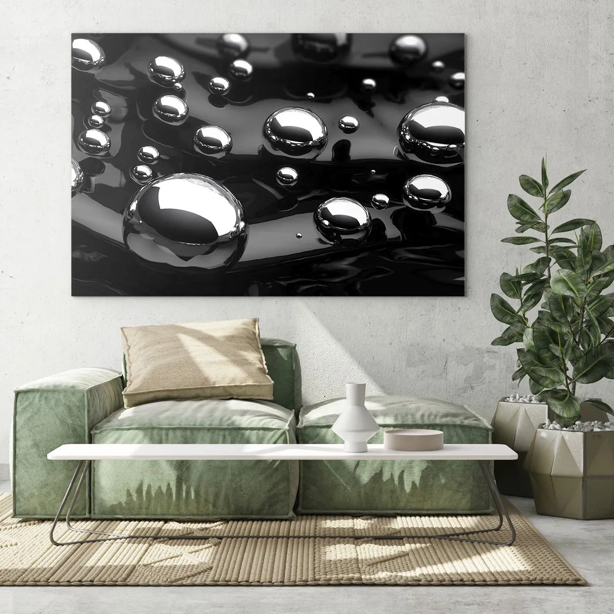 Obraz na skle - Kovové kapky na černém povrchu - 70x50cm - Z černé tůně - Moderní nástěnná dekorace do obývacího pokoje a ložnice ARTTOR