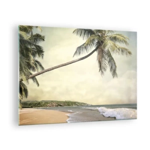 Obraz na skle - Tropická pláž s palmou a vlnami - 70x50cm - Tropický sen - Moderní nástěnná dekorace do obývacího pokoje a ložnice ARTTOR