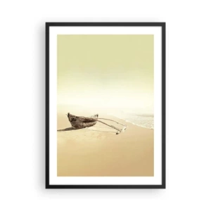Plakát v černém rámu - Osamělá dřevěná loď na prázdné pláži v pastelových barvách. - 50x70cm - Vzpomínka na jižní moře - Moderní nástěnná dekorace do obývacího pokoje a ložnice ARTTOR