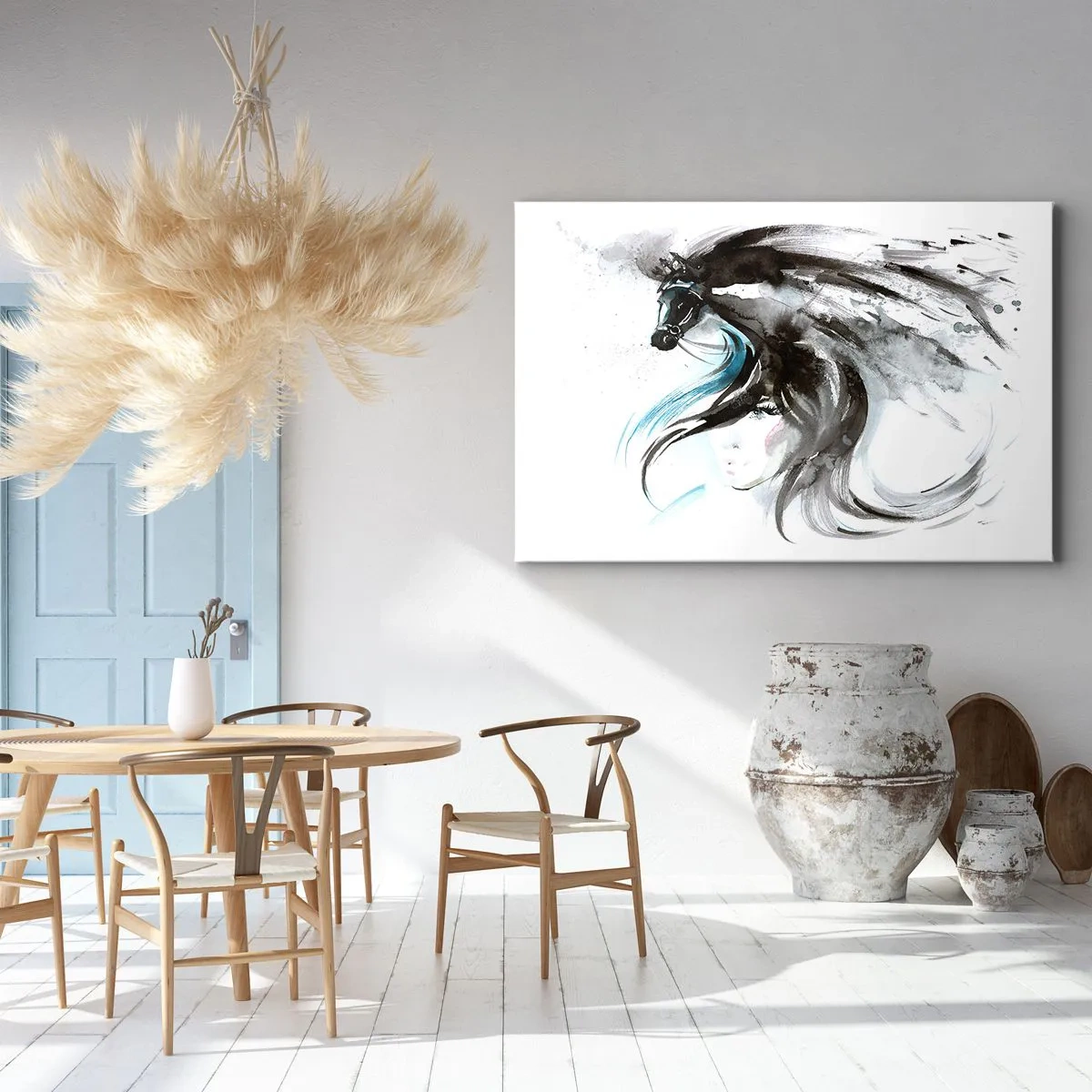 Obraz na plátně - Žena a kůň v mystickém akvarelu plném dynamiky - 70x50cm - Cval Černého knížete - Moderní nástěnná dekorace do obývacího pokoje a ložnice ARTTOR