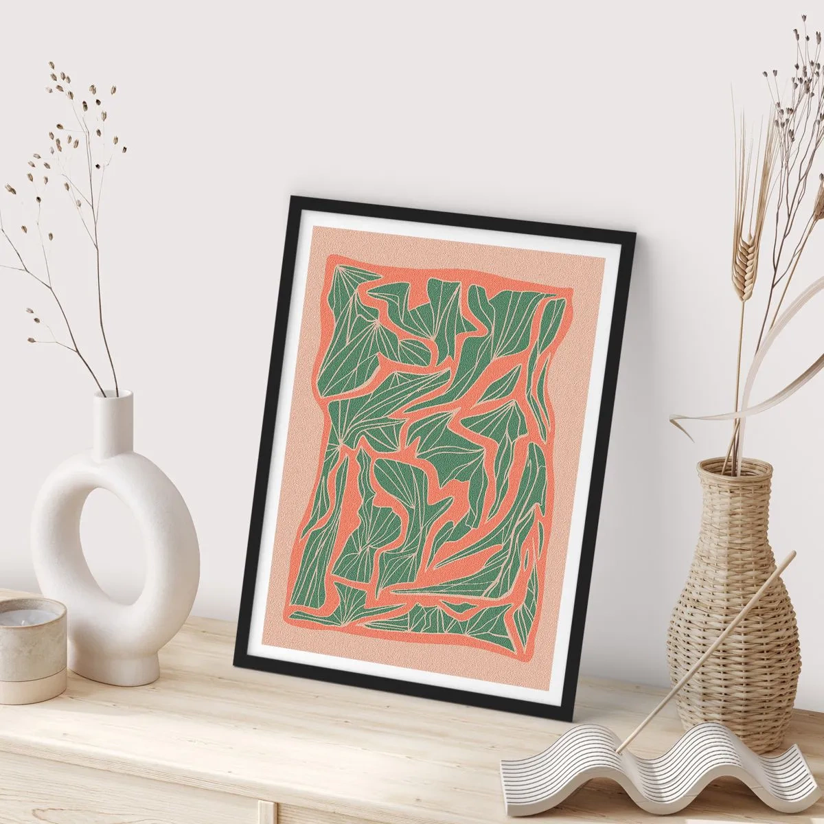 Plakát v černém rámu - Souboj korálů a zeleně - 40x50 cm