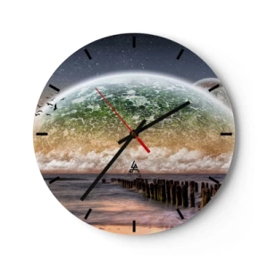 Nástěnné hodiny - Krajina s glóbem a klidným mořem - 30x30cm - A svět se vynořil z vody - Moderní nástěnná dekorace do obývacího pokoje, kuchyně a ložnice ARTTOR