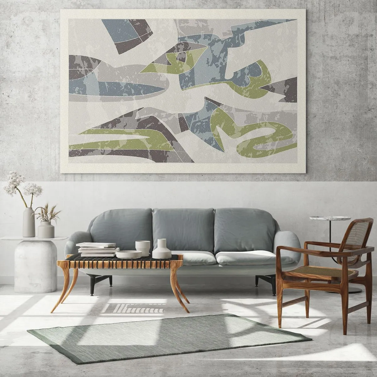 Obraz na skle - Geometrická kompozice v zelené a šedé barvě - 70x50cm - Kompozice za sklem - Moderní nástěnná dekorace do obývacího pokoje a ložnice ARTTOR