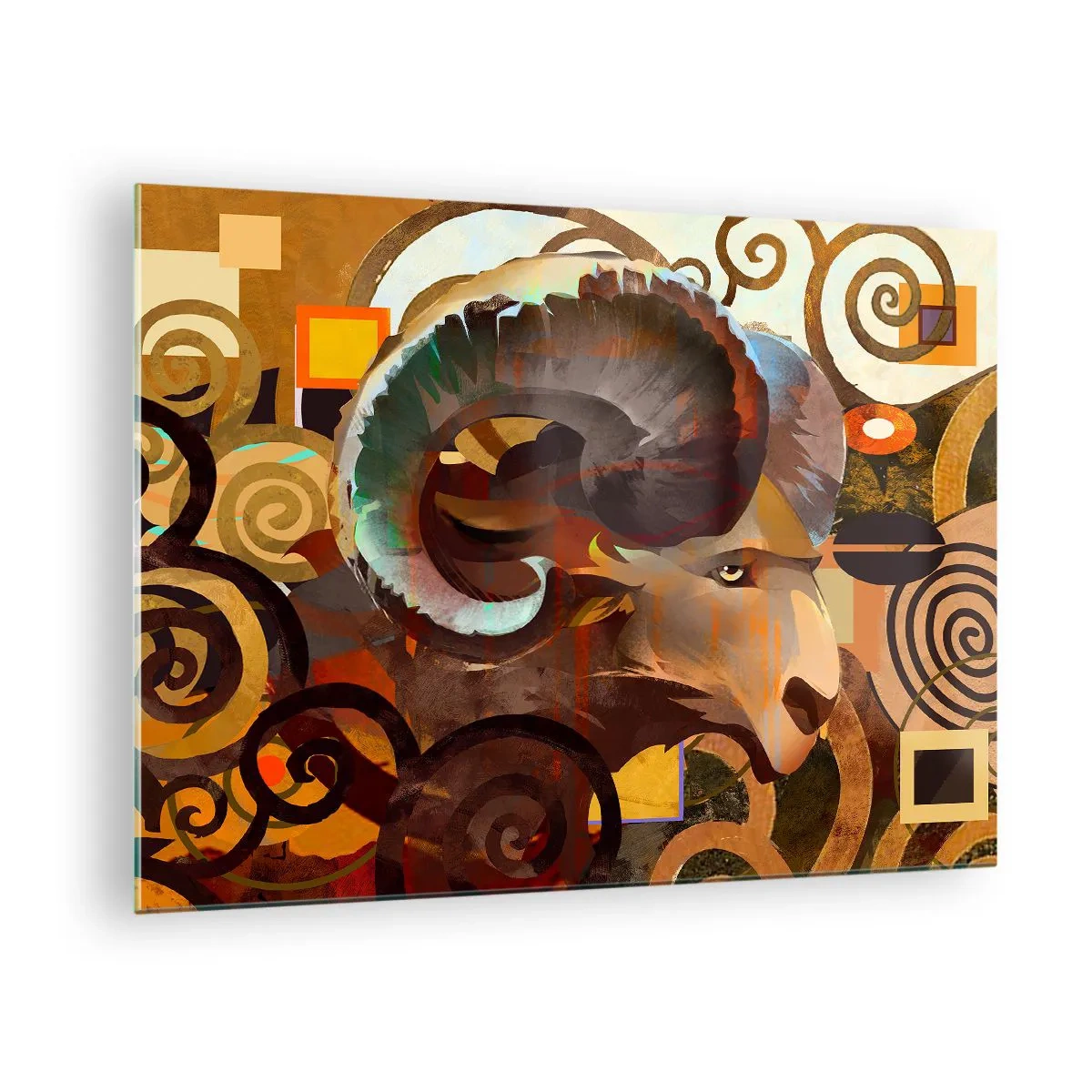 Obraz na skle - Umělecký obraz berana v geometrické a spirálové kompozici. - 70x50cm - Magie - náboženství - rituály - Moderní nástěnná dekorace do obývacího pokoje a ložnice ARTTOR