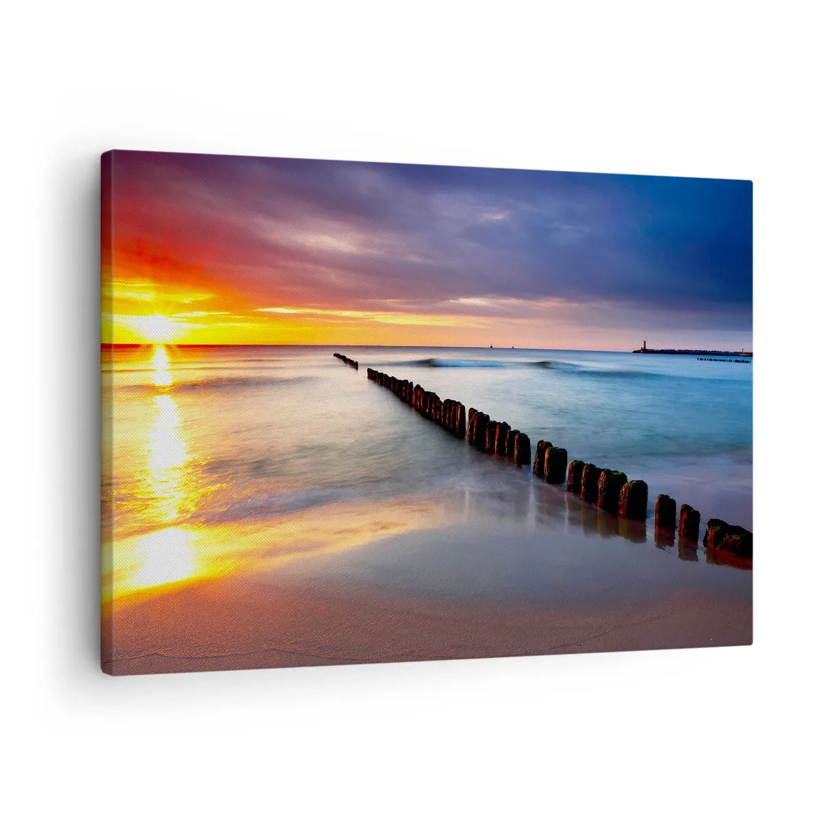 Obraz na plátně - Západ slunce nad mořem s vlnolamem v popředí - 70x50cm - Poslouchej ticho - Moderní nástěnná dekorace do obývacího pokoje a ložnice ARTTOR