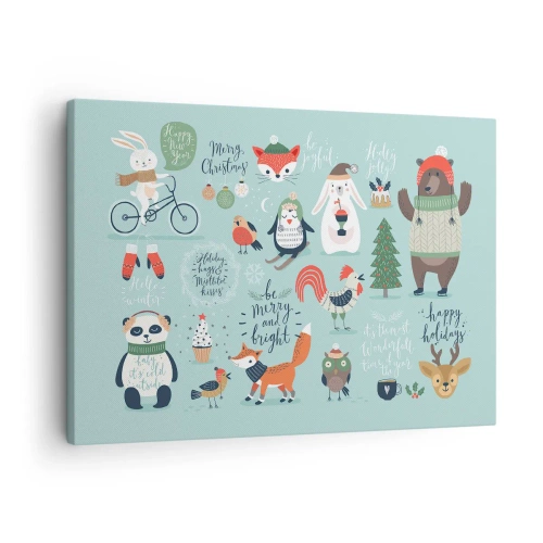 Obraz na plátně - Vánoční ilustrace zvířat v zimní atmosféře - 70x50cm - Ať jsou vždy Vánoce! - Moderní nástěnná dekorace do obývacího pokoje a ložnice ARTTOR