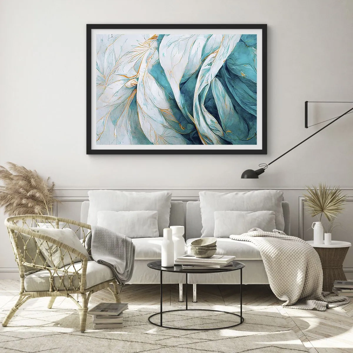 Plakát v černém rámu - Modrá abstrakce se zlatým motivem - 70x50 cm