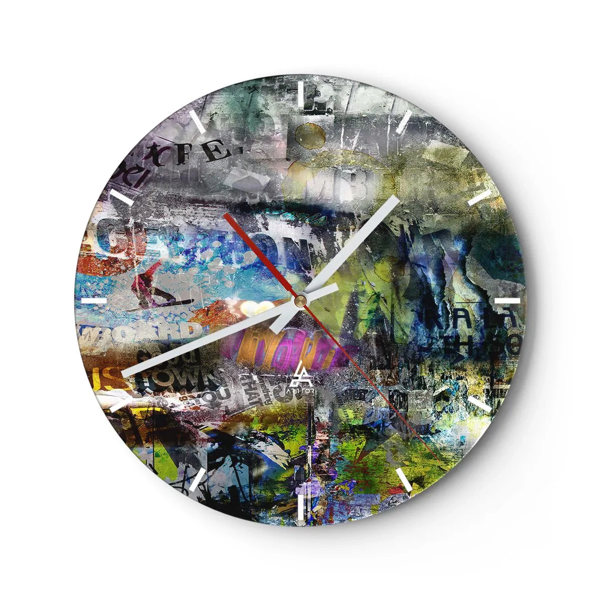 Nástěnné hodiny - Abstraktní koláž v různých barvách s nápisy - 30x30cm - Koláž vzpomínek - Moderní nástěnná dekorace do obývacího pokoje, kuchyně a ložnice ARTTOR