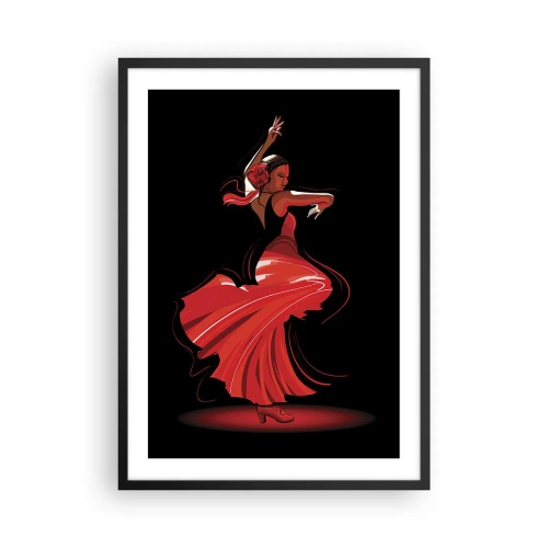 Plakát v černém rámu - Flamenco tanečnice v červených šatech na černém pozadí - 50x70cm - Žhavá duše flamenco - Moderní nástěnná dekorace do obývacího pokoje a ložnice ARTTOR