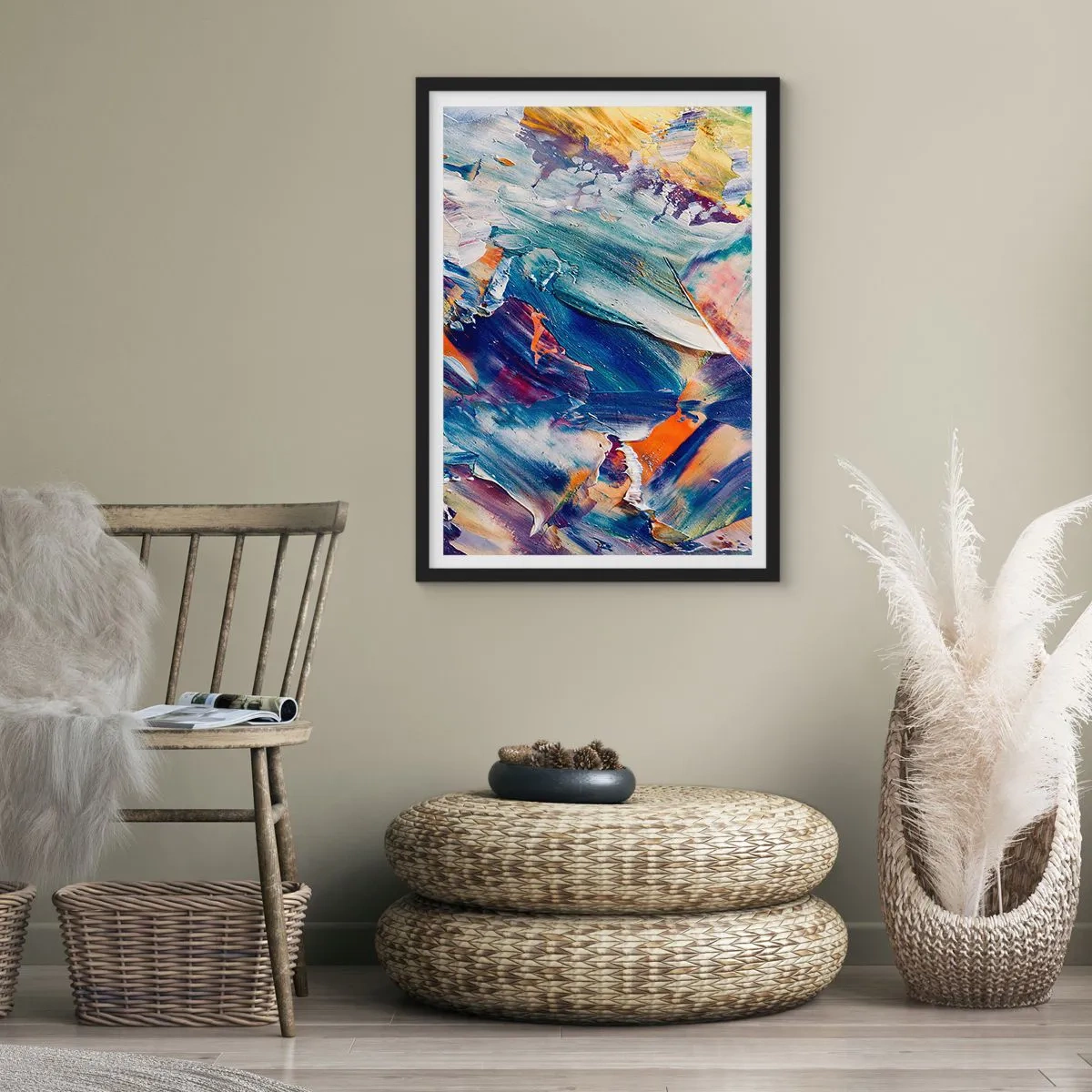 Plakát v černém rámu - Abstraktní kompozice s barevnými tahy barvy - 50x70cm - Chaos barev - Moderní nástěnná dekorace do obývacího pokoje a ložnice ARTTOR
