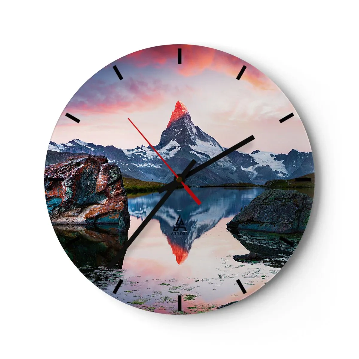 Nástěnné hodiny - Matterhorn se odráží v klidném jezeře při západu slunce - 30x30cm - Srdce hor je vřelé - Moderní nástěnná dekorace do obývacího pokoje, kuchyně a ložnice ARTTOR