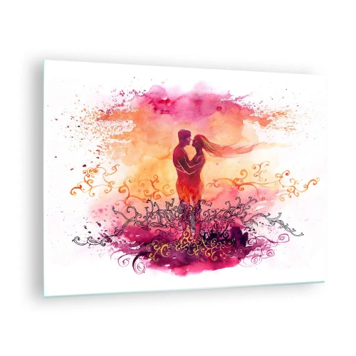 Obraz na skle - Romantický pár v abstraktních, teplých barvách - 70x50cm - Jedno srdce! Potřebuji tak málo… - Moderní nástěnná dekorace do obývacího pokoje a ložnice ARTTOR
