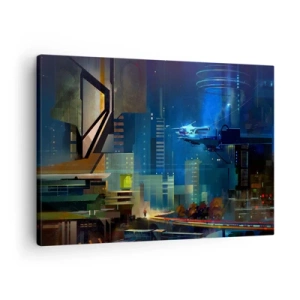 Obraz na plátně - Futuristické město v noci s neonovými světly a létajícím vozidlem - 70x50cm - V blízké budoucnosti - Moderní nástěnná dekorace do obývacího pokoje a ložnice ARTTOR
