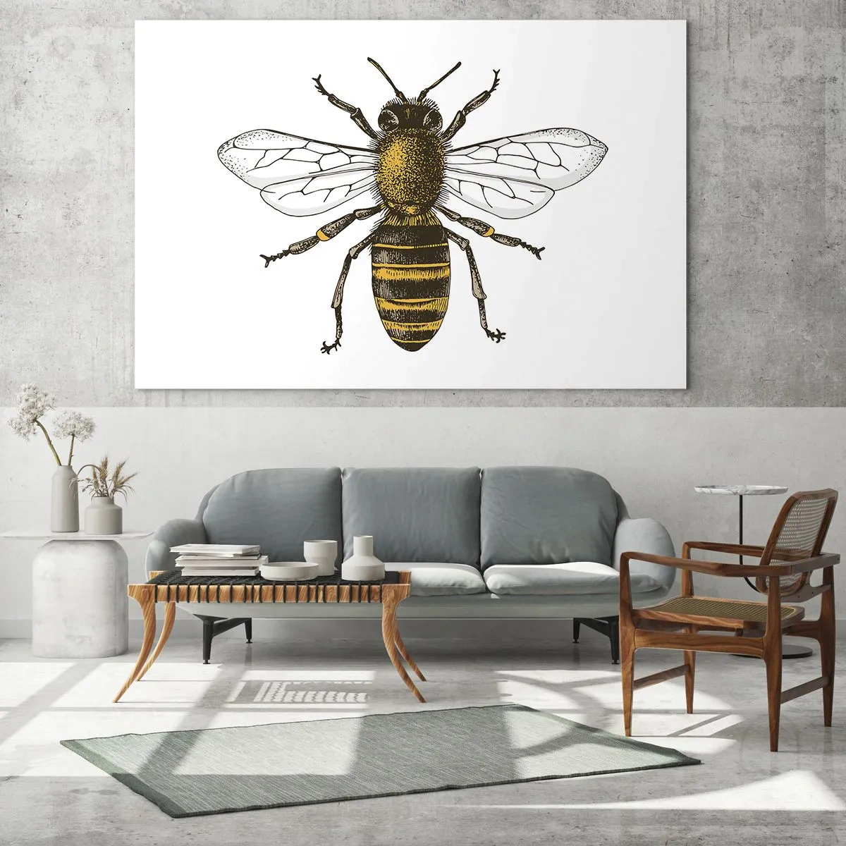 Obraz na skle - Detailní ilustrace včely na bílém pozadí - 70x50cm - Krásná a dobrá - Moderní nástěnná dekorace do obývacího pokoje a ložnice ARTTOR