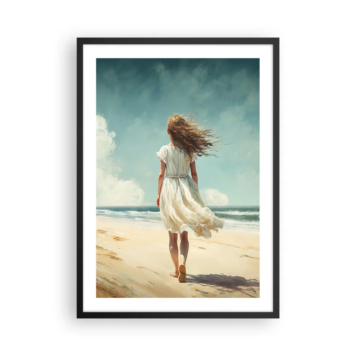 Plakát v černém rámu - Žena v bílých šatech kráčí po pláži u moře - 50x70cm - Směrem k slunci a větru - Moderní nástěnná dekorace do obývacího pokoje a ložnice ARTTOR