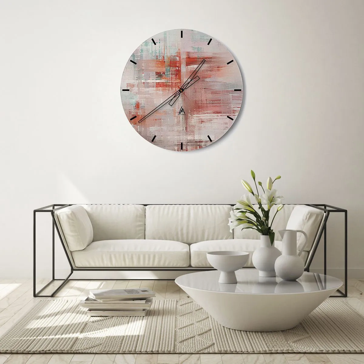 Nástěnné hodiny - Abstraktní kompozice tahů v odstínech růžové a bílé. - 30x30cm - Zamlžené. Ale růžové - Moderní nástěnná dekorace do obývacího pokoje, kuchyně a ložnice ARTTOR