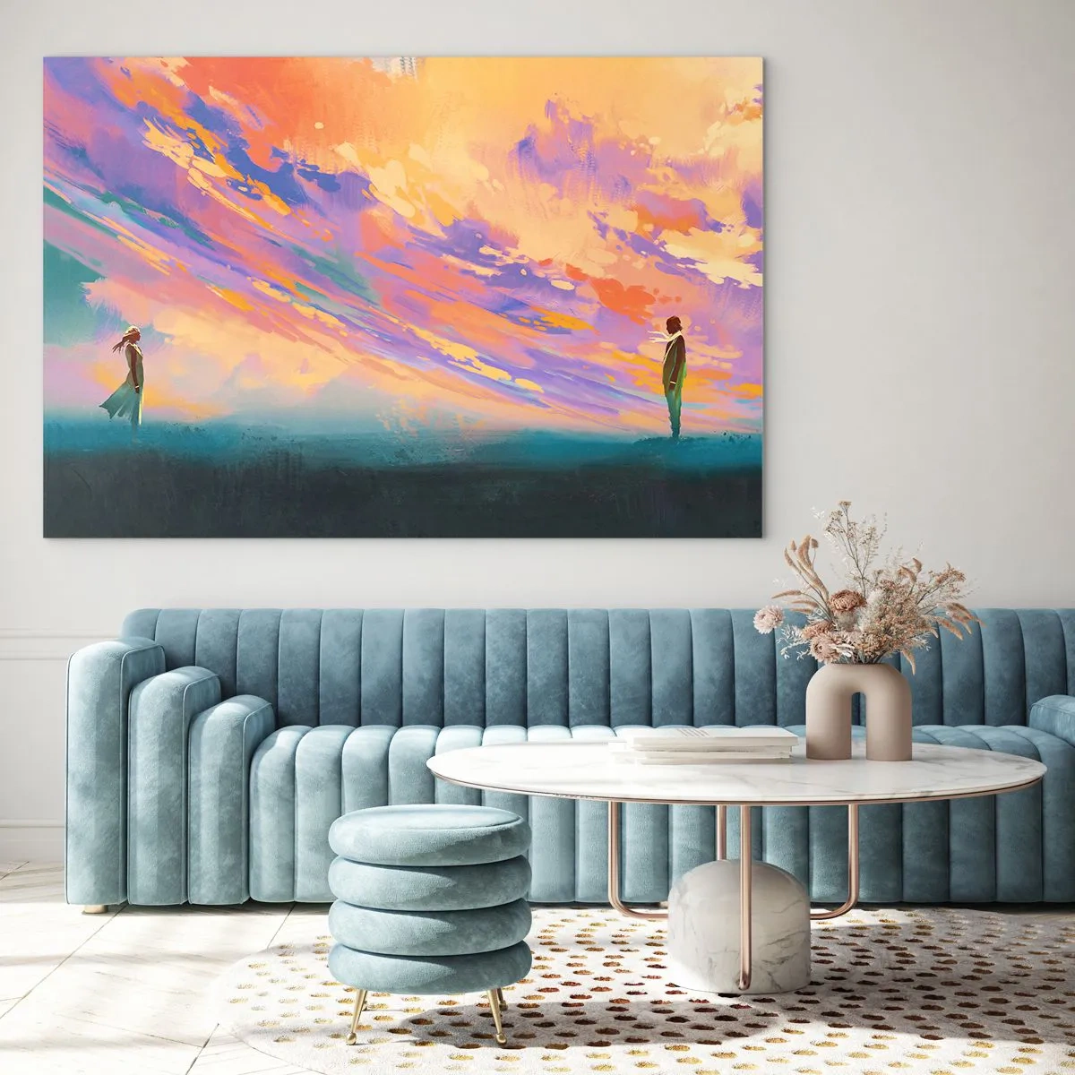 Obraz na skle - Dva lidé na pozadí barevné oblohy při západu slunce - 70x50cm - Síla přitažlivosti - Moderní nástěnná dekorace do obývacího pokoje a ložnice ARTTOR