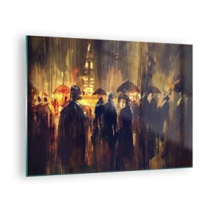 Obraz na skle - Dav s deštníky v dešti na pozadí světel města - 70x50cm - Následovníci deště - Moderní nástěnná dekorace do obývacího pokoje a ložnice ARTTOR