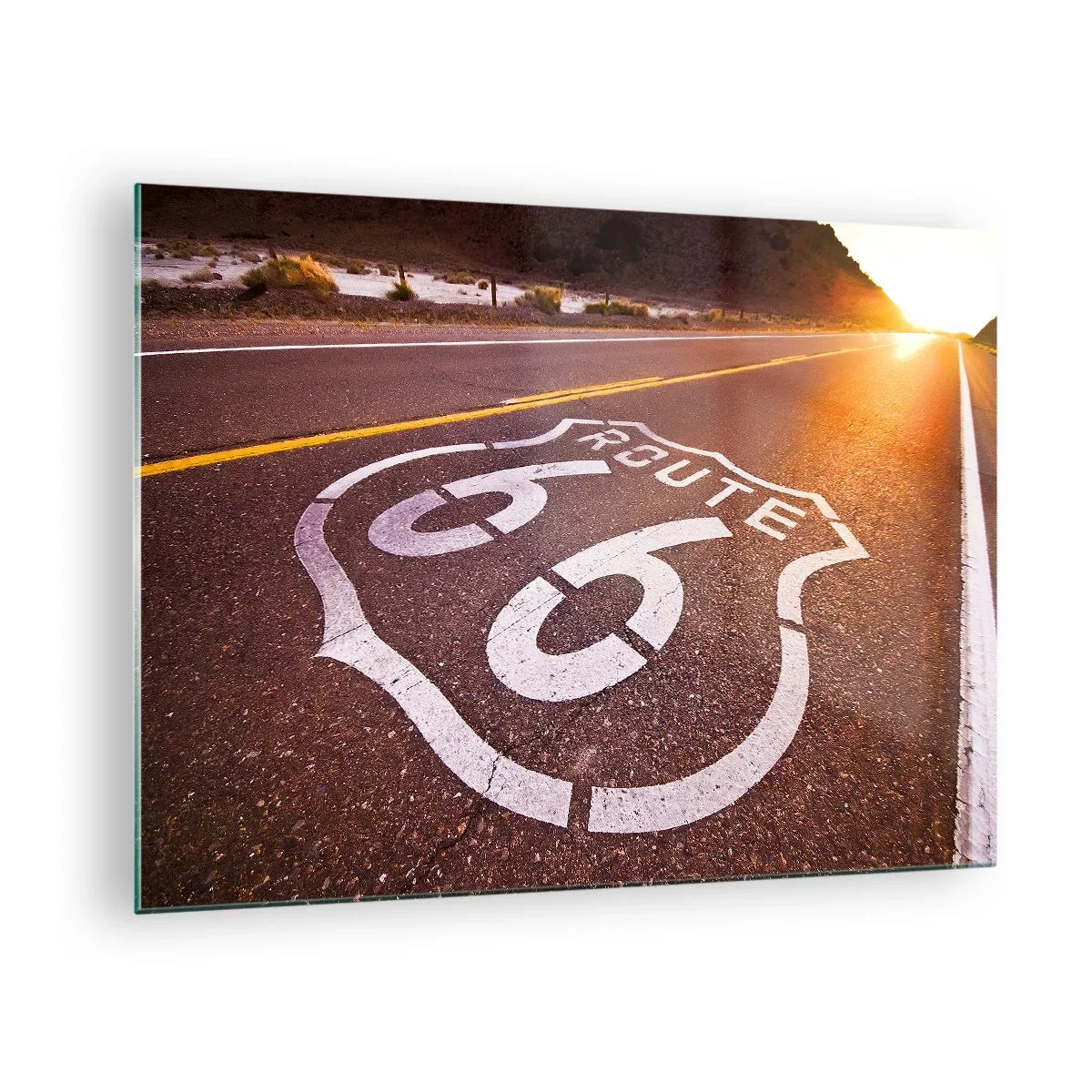 Obraz na skle - Route 66 při západu slunce - 70x50cm - Slavná silnice 66 - Moderní nástěnná dekorace do obývacího pokoje a ložnice ARTTOR