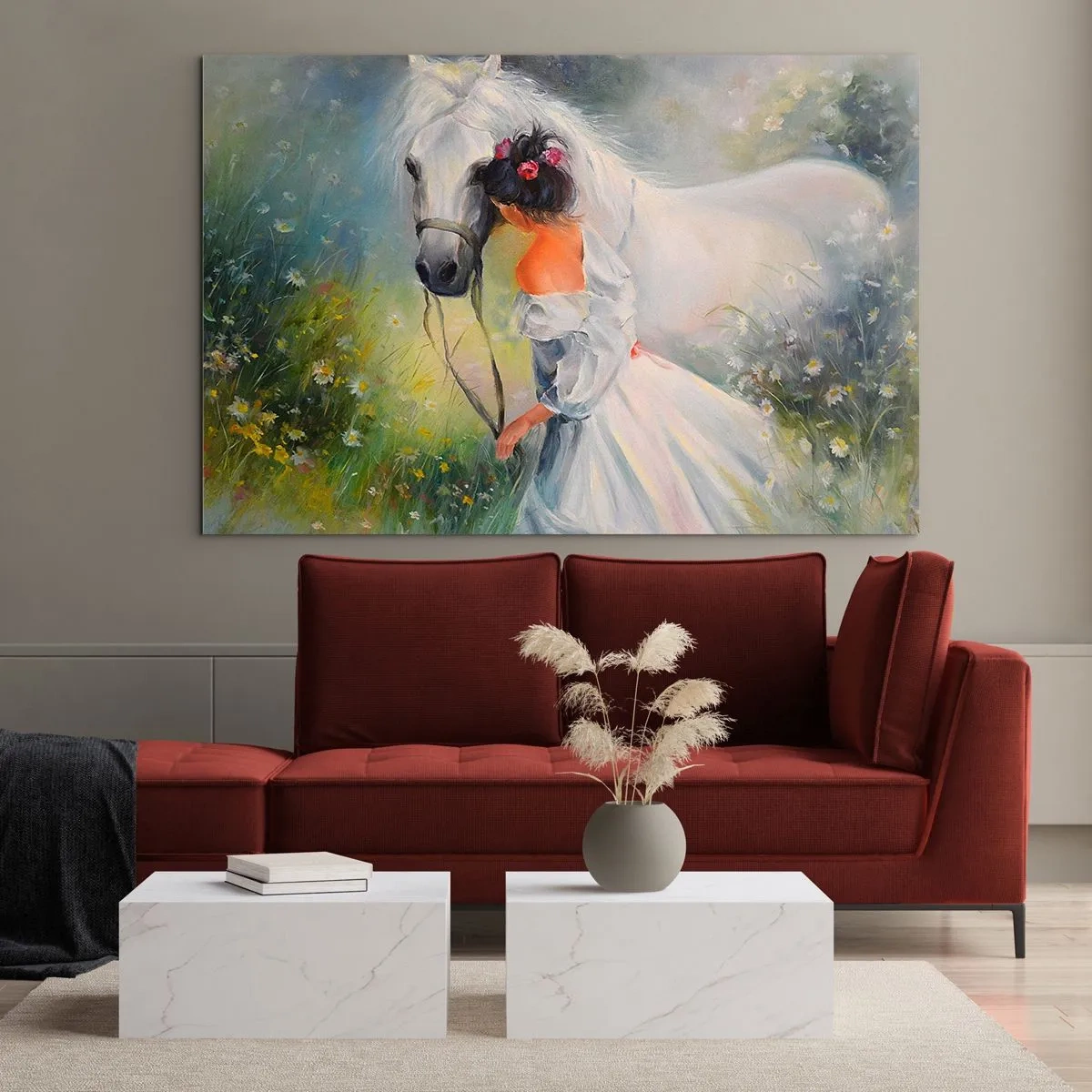 Obraz na skle - Žena v bílých šatech s bílým koněm na louce plné květin. - 70x50cm - Jako z krásného snu - Moderní nástěnná dekorace do obývacího pokoje a ložnice ARTTOR