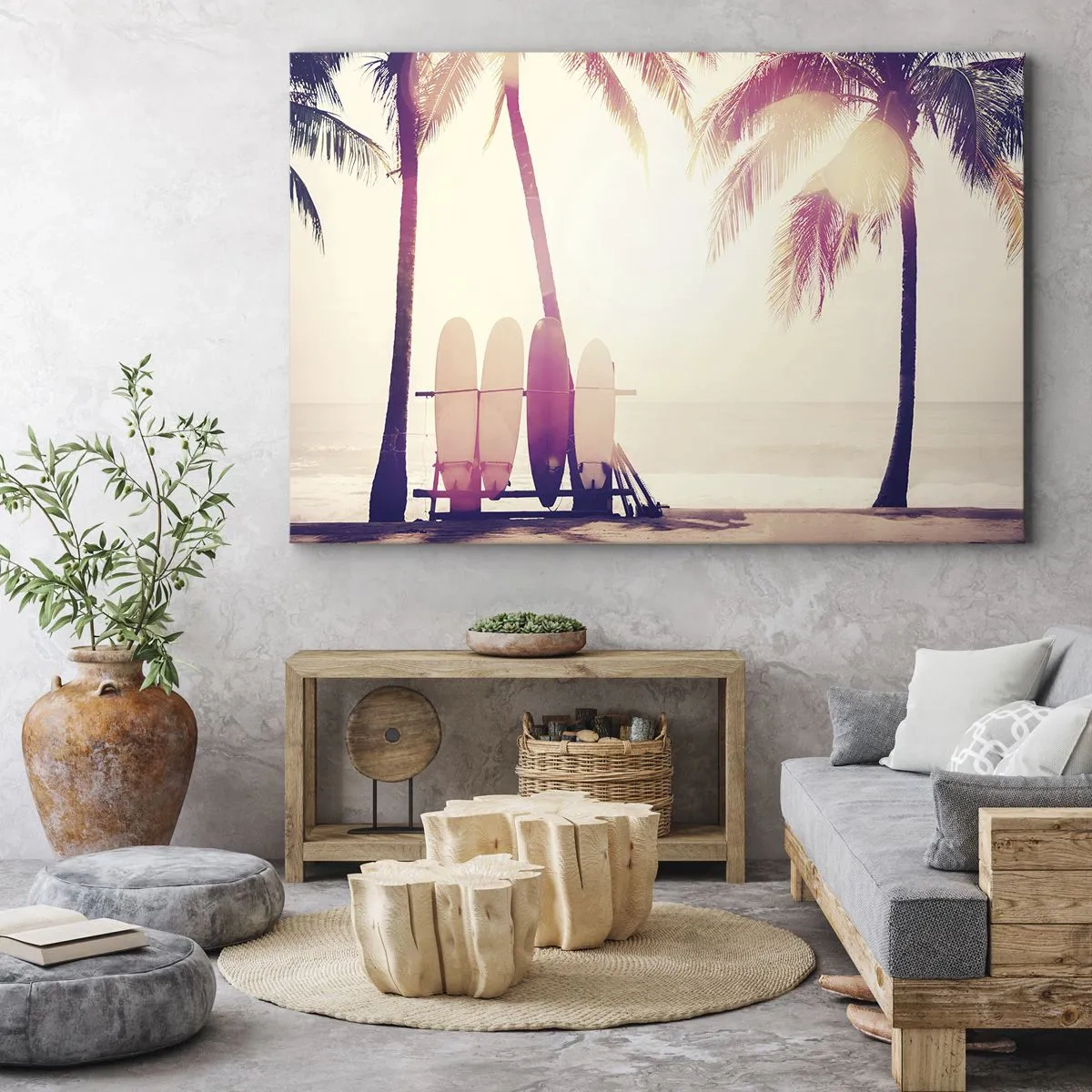 Obraz na plátně - Palmy a surfy na pláži za slunečného počasí - 70x50cm - Bude to skvělý den - Moderní nástěnná dekorace do obývacího pokoje a ložnice ARTTOR