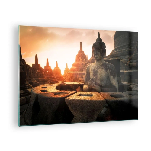 Obraz na skle - Socha Buddhy osvětlená zapadajícím sluncem ve starobylém chrámovém komplexu - 70x50cm - Počasí velké moudrosti - Moderní nástěnná dekorace do obývacího pokoje a ložnice ARTTOR