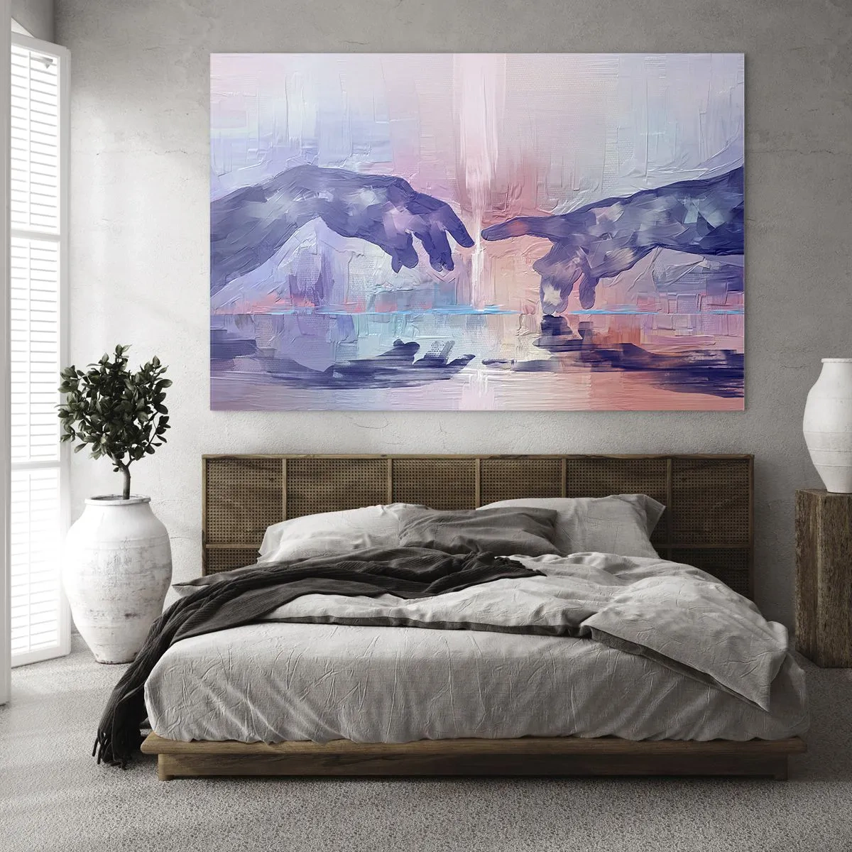 Obraz na skle - Abstraktní ruce se k sobě blíží na pastelovém pozadí. - 70x50cm - Božská jiskra života - Moderní nástěnná dekorace do obývacího pokoje a ložnice ARTTOR