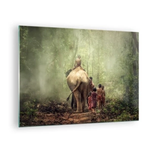 Obraz na skle - Slon v lese s dětmi v tradičních krojích - 70x50cm - Nová Kniha džunglí - Moderní nástěnná dekorace do obývacího pokoje a ložnice ARTTOR